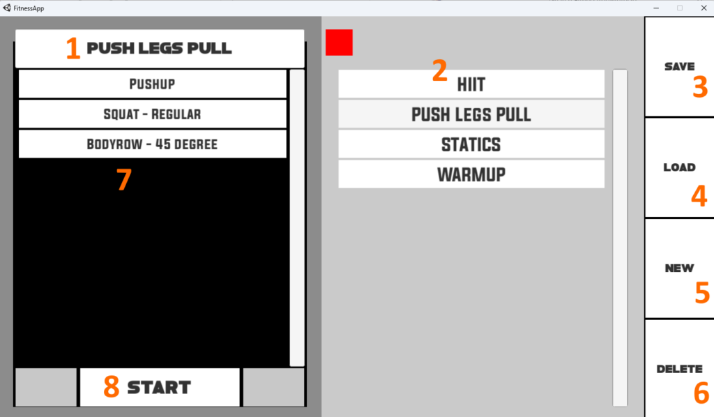 This is an image of the load screen showing a few workouts to select, HIIT, PUSH LEGS PULL, STATICS, WARMUP. The Push Legs Pull workout is selected and has Pushups, Squats, and Bodyrows in it as exercises.