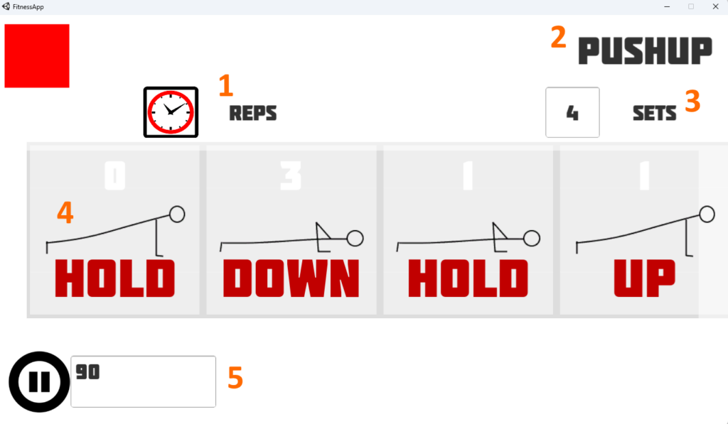 The exercise customization screen. There are 4 stick figure representations of a person doing a pushup with numbers for the duration of each step of the pushup. There is a button to enter the rep customization page currently shown with a clock face, a field to enter how many sets to perform for this exercise.