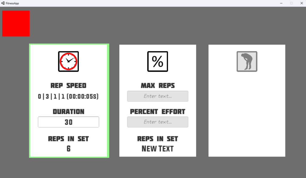 A screenshot of the screen where you can adjust the number of reps in a set by changing the duration or doing a percentage of maximum reps. Duration is highlighted and has a clock face icon.