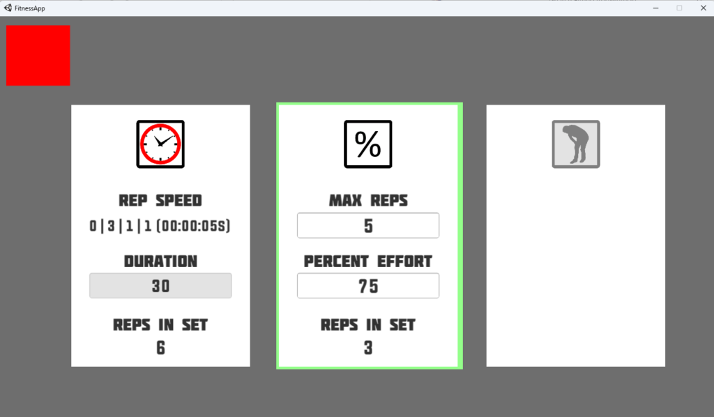 A screenshot of the screen where you can adjust the number of reps in a set by changing the duration or doing a percentage of maximum reps. Max Reps is highlighted and has a percentage mark icon.