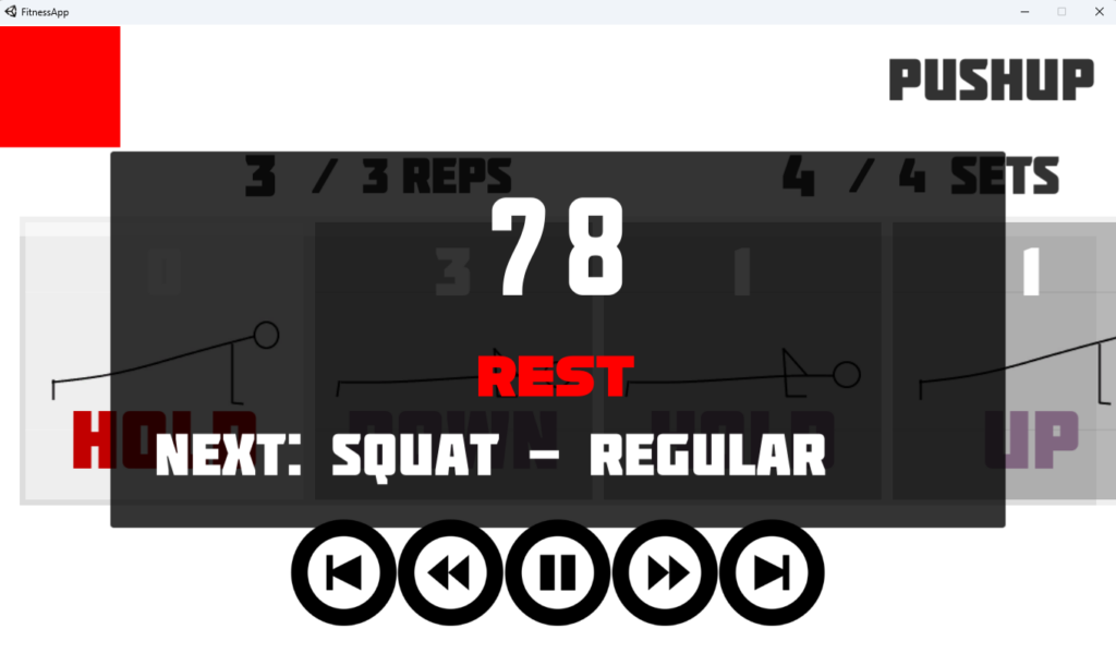 A counters shows 78 as part of a countdown for a rest period. Text displays "Next: Squat - Regular" as the next exercise up in the workout.